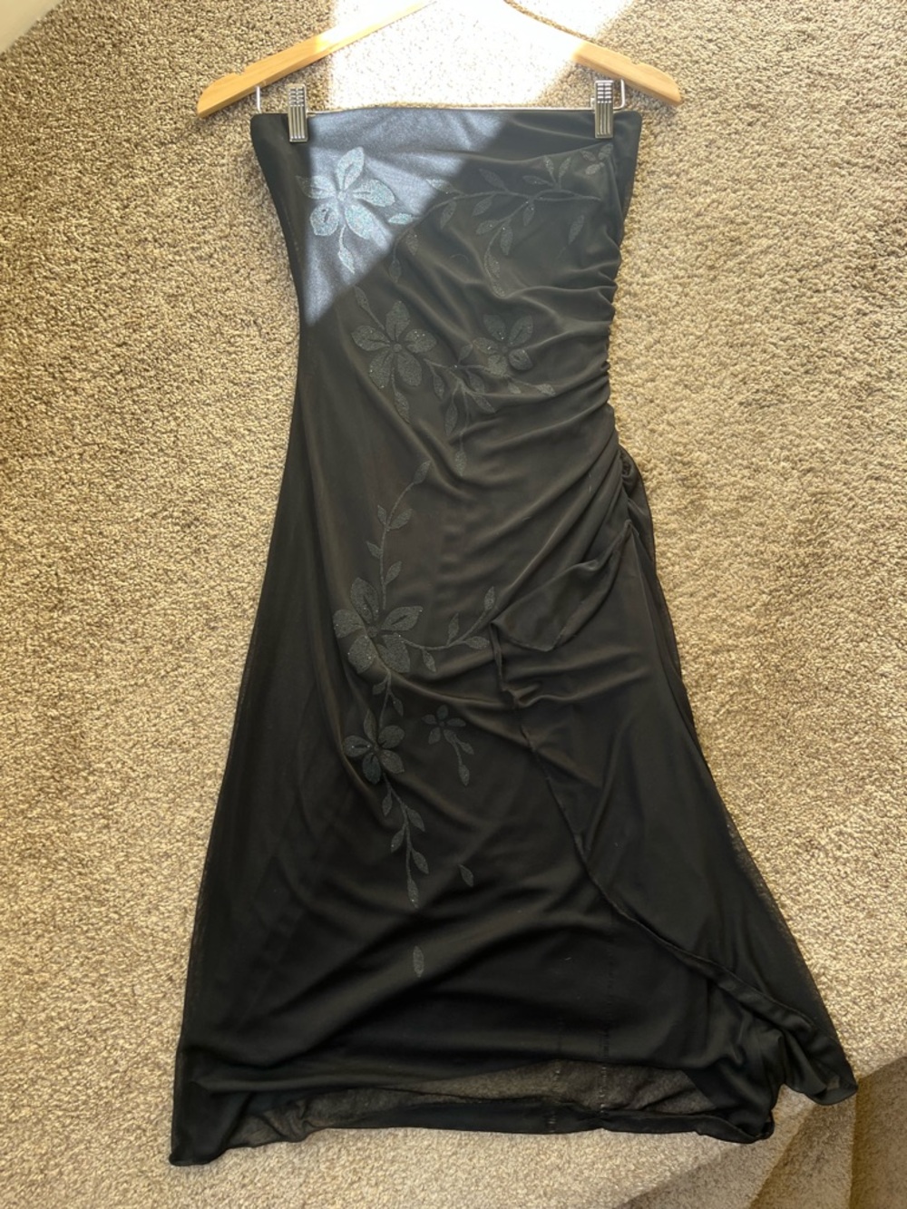 Jessica Black Strapless Floral Ruched Evening Gown
